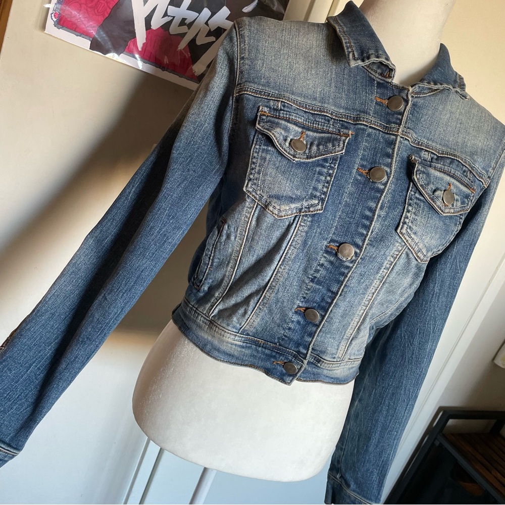 Papaya Denim Jacket Classic button up crop style weathered blue color